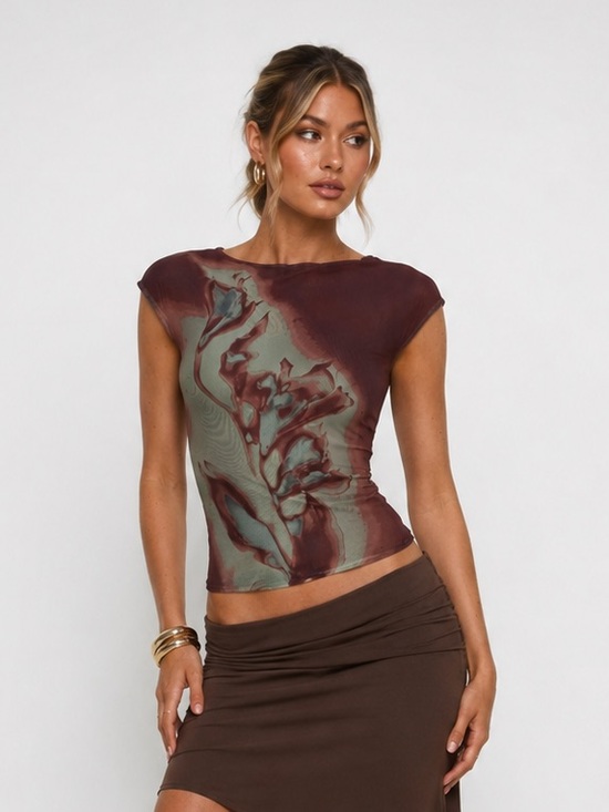 Princess Polly Tops - Princess Polly Burgundy and Sage Cap-Sleeve Printed Top